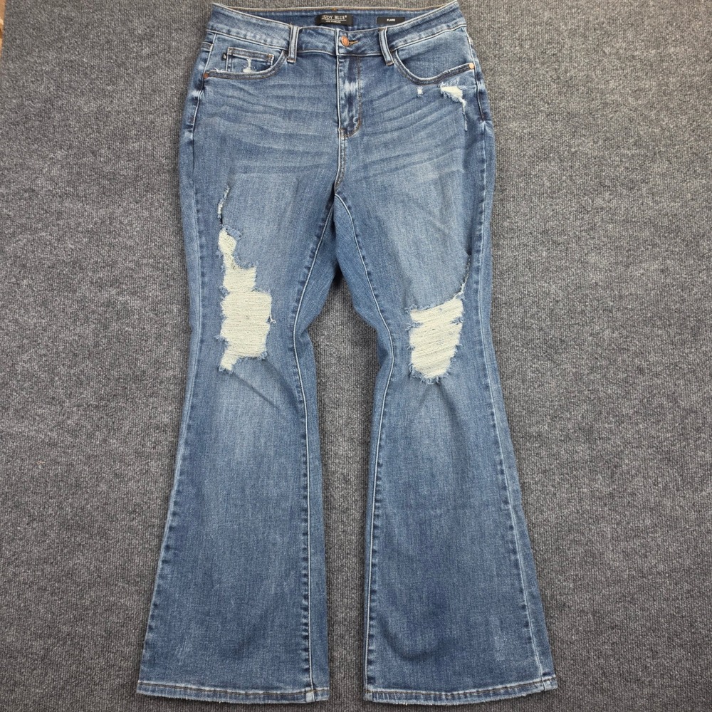 Judy Blue Flare Jeans Women's 16W High Rise Med Wash Distressed Denim Stretch